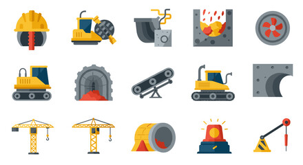 Construction machinery and tools set in flat style for industrial projects