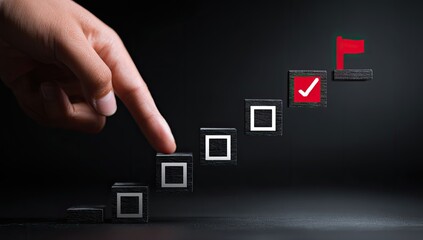 Hand steps on a staircase of wooden blocks, each with a check box.  Final block has a flag