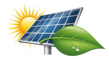 Clean Energy Concept Vector. Isolated Solar Panel, Sun, and Green Leaf Graphic Icon.
