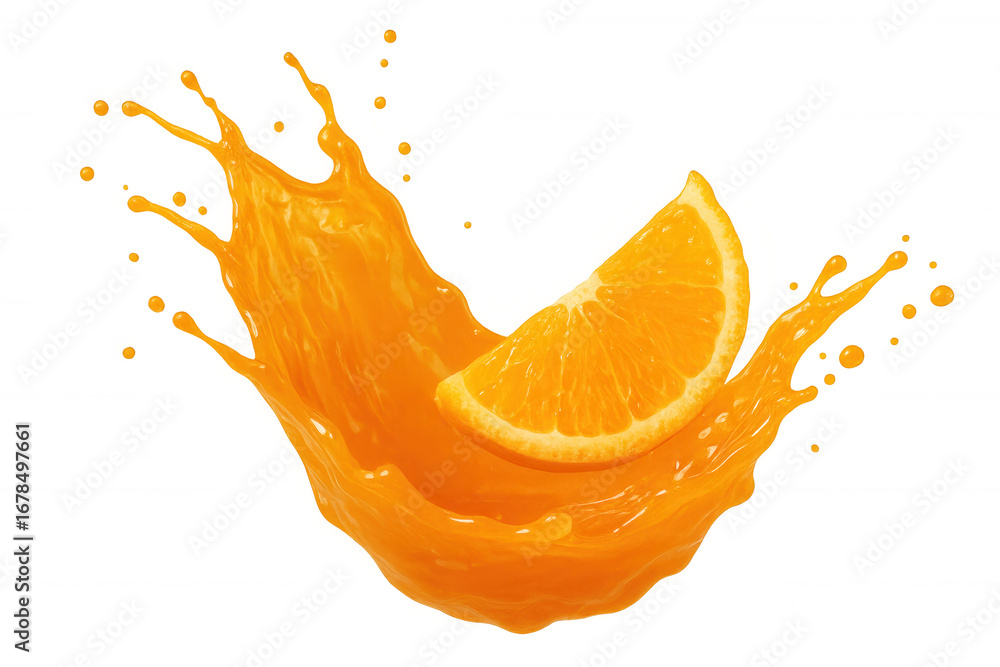 Poster vivid orange slice diving into swirling freshly squeezed orange juice, creating dynamic splash again