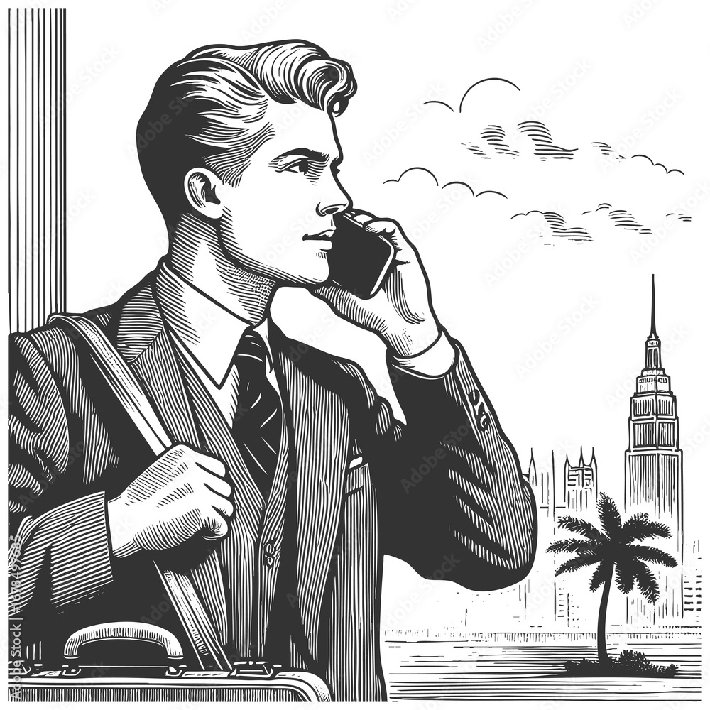Poster man in a suit holding a briefcase and speaking on a phone with a city skyline sketch engraving gener