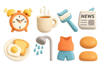 3d morning routine elements: alarm, coffee, news, breakfast, hygiene