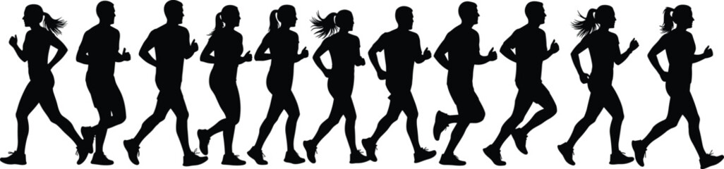 Silhouette sequence of male and female runners showing dynamic motion phases, athletic training, sports biomechanics, fitness exercise, marathon race illustration vector