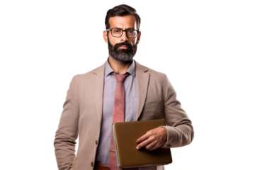 Confident Businessman Holding Laptop on Transparent Background. Fictional Character Created By Generative AI