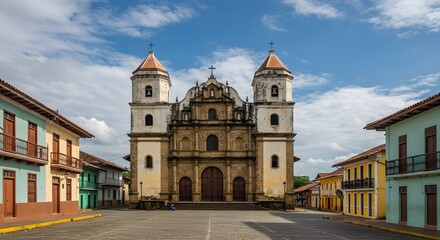 Fototapeta premium Historic church in colorful latin american city square