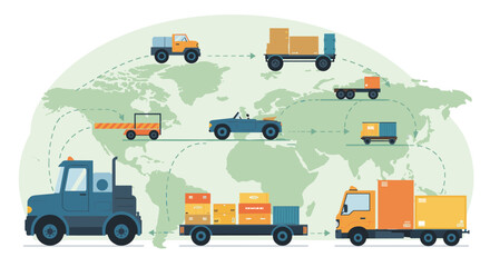 Fototapeta premium Global logistics network with trucks and delivery vehicles on world map