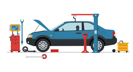 Flat style car maintenance scene with garage tools and equipment