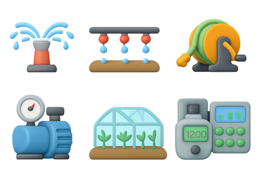 Garden watering tools and systems: modern 3d icon set for efficient irrigation