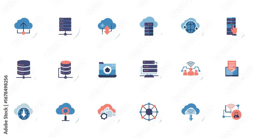 Poster cloud technology icons set: server, data, network, and upload concepts in modern flat style