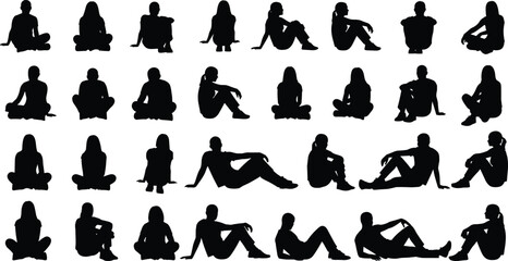 Collection of thirty seated human silhouette poses in various sitting positions, diverse body language postures, vector illustration for design reference