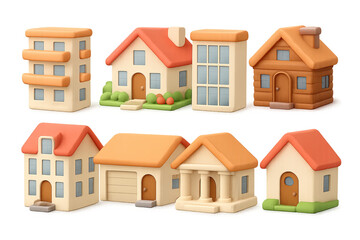 Charming collection of 3d cartoon homes with varied architectural styles