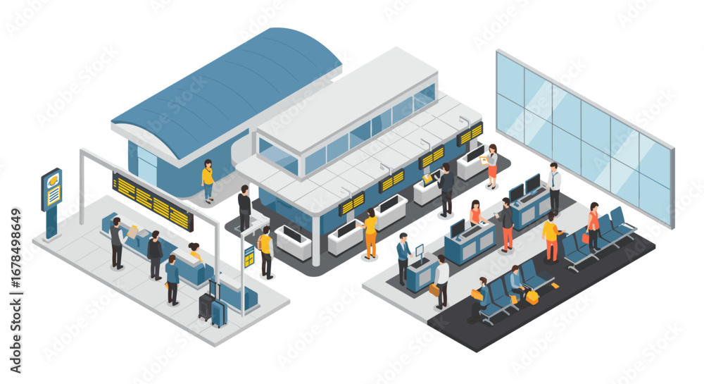 Poster isometric airport terminal with queue and seating area