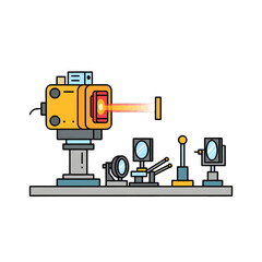 Depiction of a Yellow Scientific Optical Machine with Laser and Multiple Precision Instruments on a White Background