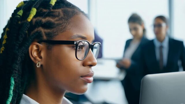 Young African American woman with multi colored dread locks in front of laptop monitor in office. She types notes quickly, her multicolored dreadlocks contrasting with the sleek office decor.