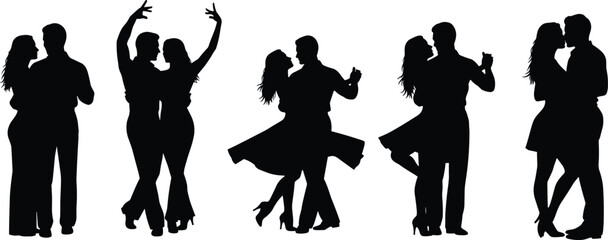 Black silhouette vector illustration of five dancing couples in various poses, ballroom, tango, waltz, salsa, romantic dance, performance concept