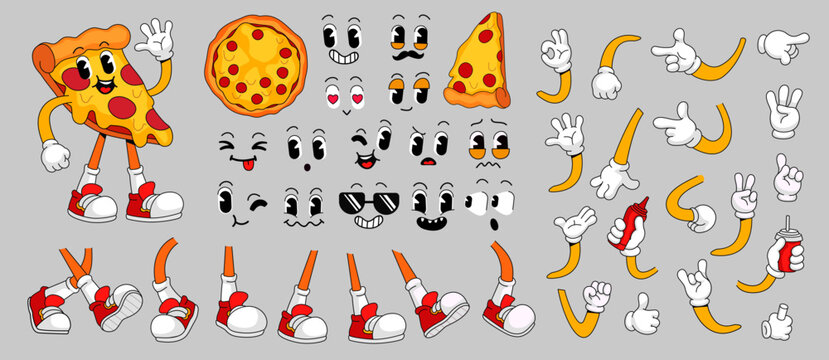 Retro cartoon pizza character сonstruction kit with faces, hands in gloves gesture and legs poses. Cool pizza mascot slice for fast food cafe pizzeria logo, groovy vector set