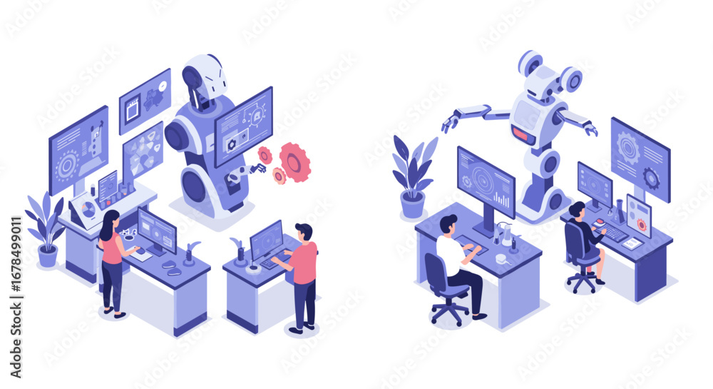 Aufkleber isometric office automation with robots and virtual workspaces