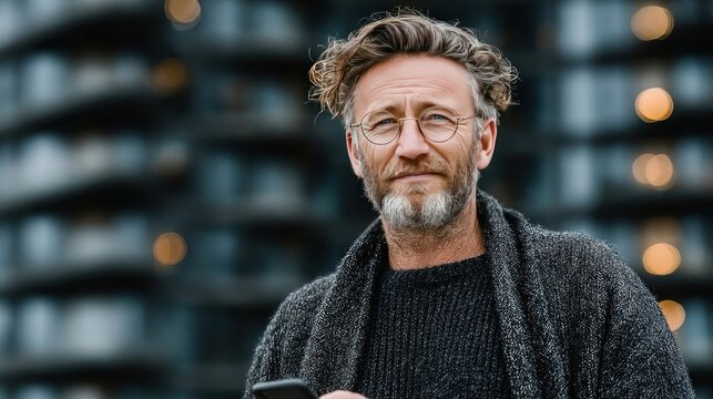 Mature businessman using smartphone while standing outside, smiling confidently