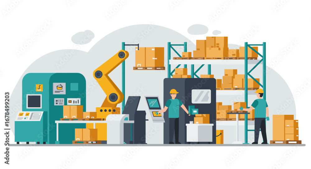 Aufkleber automated warehouse scene with robots and workers in a flat design