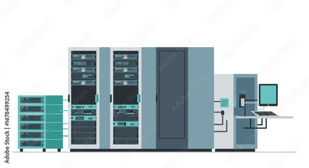 Poster modern data center with network servers and computer workstation
