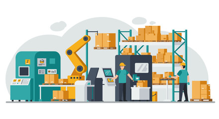 Automated warehouse scene with robots and workers in a flat design