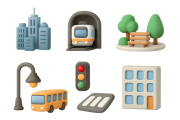 Whimsical urban scene with transportation and parks in 3d clay style