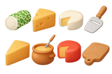 Variety of cheeses and tools in soft 3d style with warm background