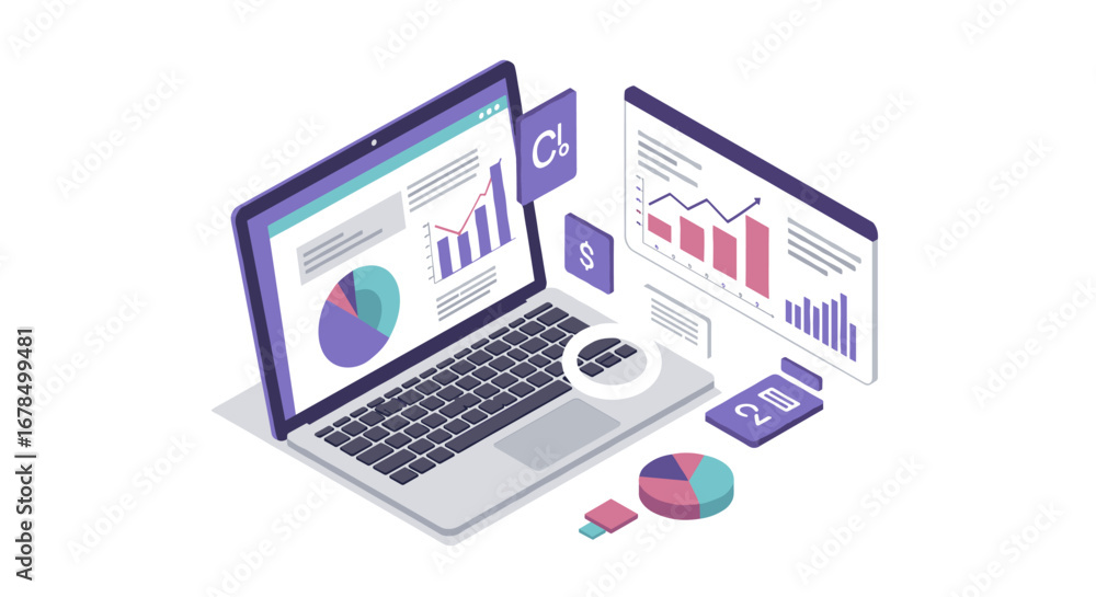Aufkleber isometric digital analytics with laptop and graphical data elements