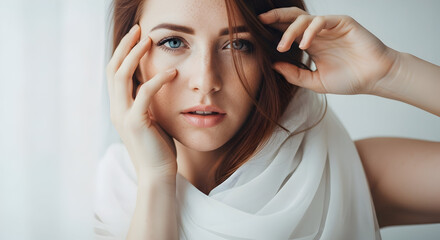 Obraz premium A thoughtful redhead with mesmerizing blue eyes in a moment of quiet introspection with soft