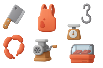 Butcher shop elements in modern 3d style: tools, sausages, meat grinder, and…