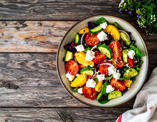 Colorful salad bowl on rustic wood