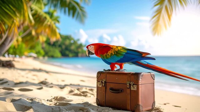 Colorful parrot on a vintage suitcase on a tropical beach