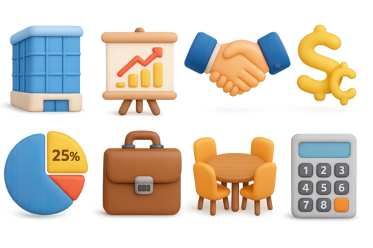 3d business icons with handshake, chart, and currency symbols on dark background