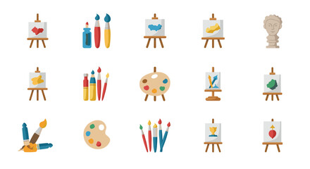 Fototapeta premium Art tools and paintings set: easels, brushes, palette and statues in flat style