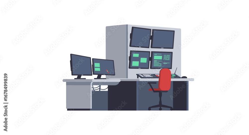 Aufkleber modern control center with multiple computer screens and red chair