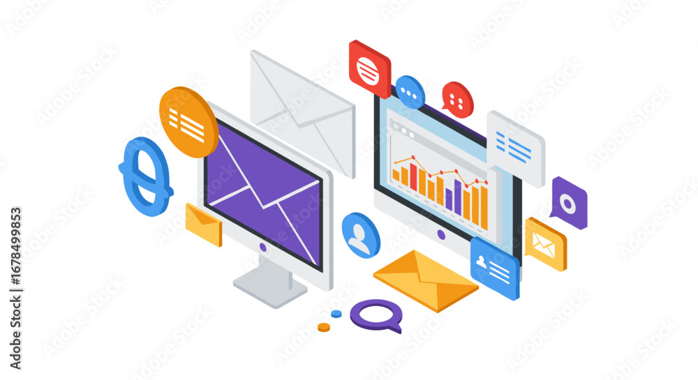 Poster isometric emails and analytics concept with monitors and communication icons