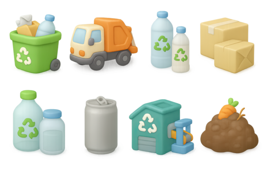 Eco-friendly recycling and waste management icons in soft gradient 3d style