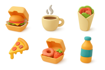 Colorful 3d cartoon style food icons with burger, coffee, wrap, pizza, donut,…