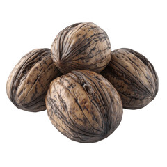 Four walnuts in shell closeup view on black background showing texture and detail