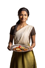 Smiling Woman Holding a Plate of Appetizers on Transparent Background. Fictional Character Created By Generative AI