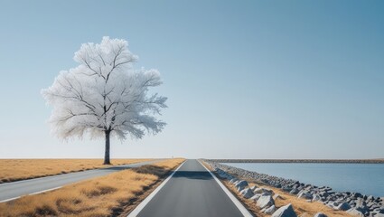 A solitary, frost-covered tree stands sentinel on a paved road, leading to a tranquil body of water under a clear, serene sky.