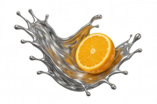 Orange slice floating amid swirling silver liquid splash, generating vibrant geometric contrast on clean transparent surface - Powered by Adobe