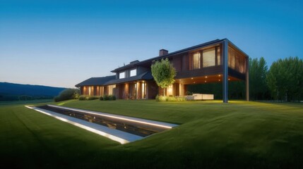 Obraz premium A contemporary house with large windows and a dark angular roof stands on a manicured lawn, illuminated by warm lights.