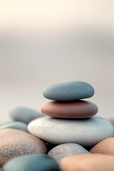 Stacked pebbles on a sandy surface create a serene and balanced composition in soft light