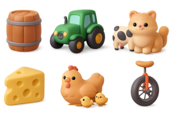 Cute farm life: 3d cartoon animals, tractor, and objects