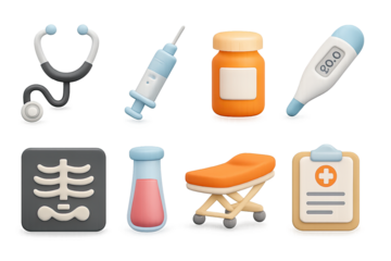 Medical 3d icons set: stethoscope, syringe, pills, thermometer, x-ray, test t…