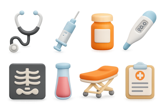 Medical 3d icons set: stethoscope, syringe, pills, thermometer, x-ray, test t…