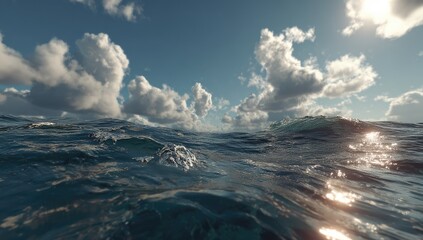 Wide ocean view, sunlit waves beneath a cloudy sky