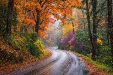 Obraz premium Winding road through colorful autumn forest after rain
