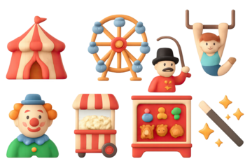 Playful circus icons with clowns, ferris wheel, and magician in soft 3d